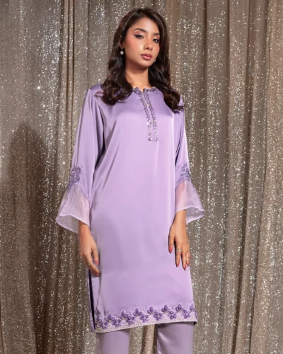 Embroidered Luxury Double Silk Long Kameez | Dark Violet