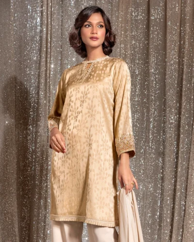 Embroidered Luxury Double Silk Short Kameez | Beige