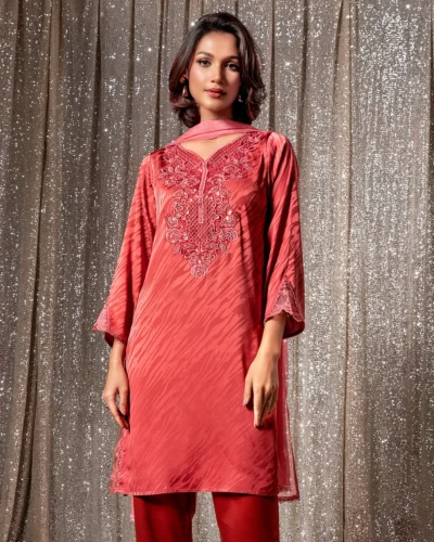 Embroidered Luxury Double Silk Short Kameez | Mauvwood Pink