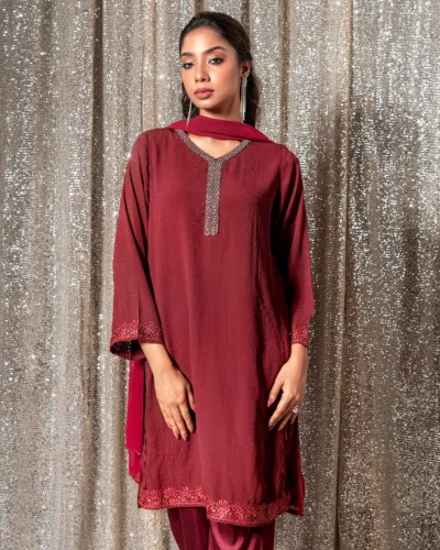 Embroidered Long Kameez | Dark Maroon