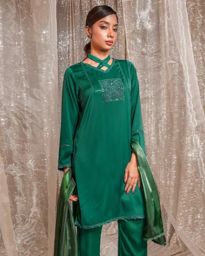 Embroidered Luxury Double Silk Short Kameez | Bottle Green