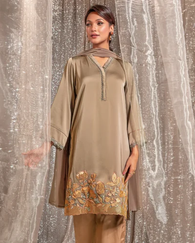 Embroidered Luxury Double Silk Long Kameez | Mocha