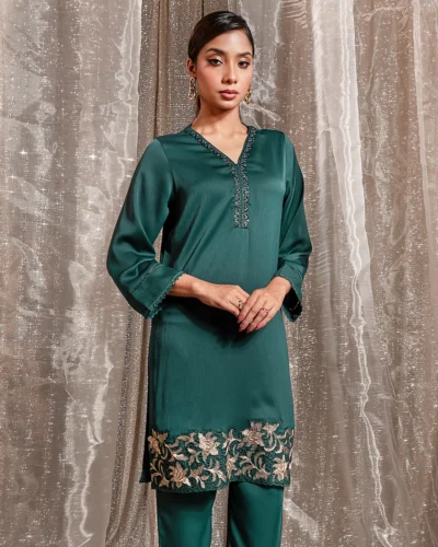 Embroidered Crepe Luxury Georgette Long Kameez | Capulet Olive