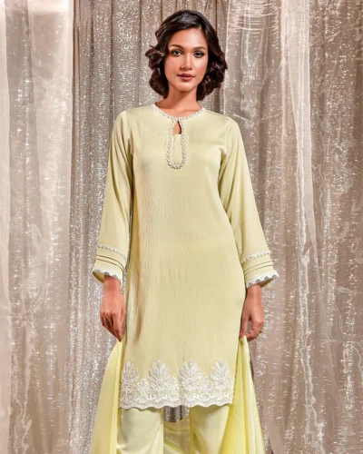 Embroidered Crepe Silk Long Kameez | Butter Yellow