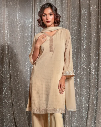 Embroidered Long Kameez | Beige Brown