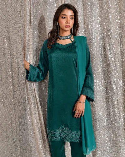 Embroidered Luxury Double Silk Long Kameez | Deep Sea Green