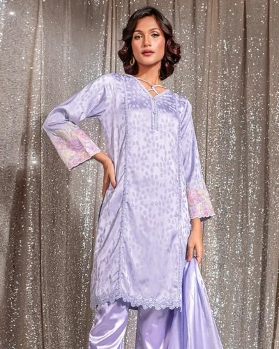 Embroidered Luxury Double Silk Long Kameez | Lavender Mist