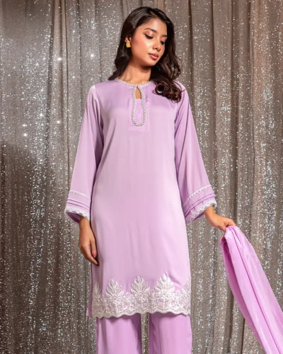 Embroidered Crepe Silk Long Kameez | Pale Lavender