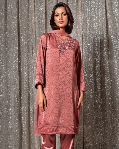 Embroidered Luxury Double Silk Long Kameez | Biking Red