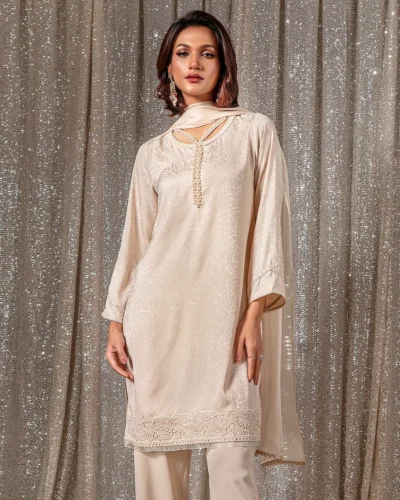 Embroidered Luxury Double Silk Short Kameez | Cloud Cream