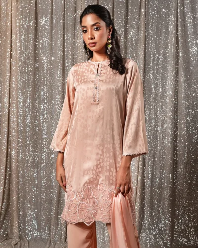 Embroidered Luxury Double Silk Short Kameez | Coral Blush