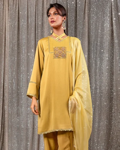 Embroidered Luxury Double Silk Short Kameez | Bronze
