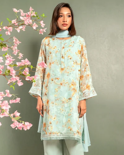 Embroidered Organza Fine Georgette Short Kameez | Aqua Haza Blue