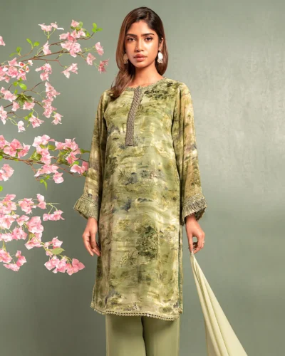 Embroidered Chiffon Fine Georgette  Short Kameez | Green Beige