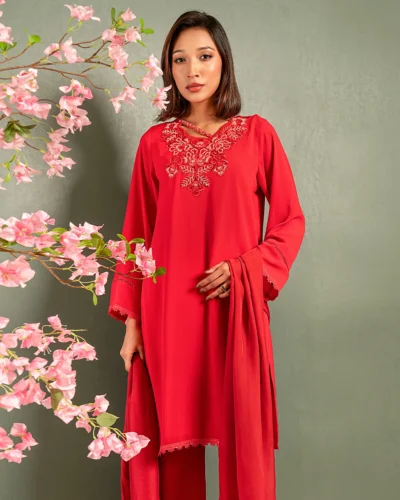Embroidered Luxury Crepe Georgette Short Kameez | Apple Red