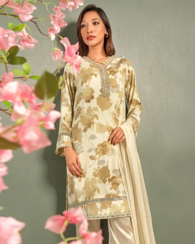 Embroidered Luxury Double Silk Short Kameez | Asparagus Green