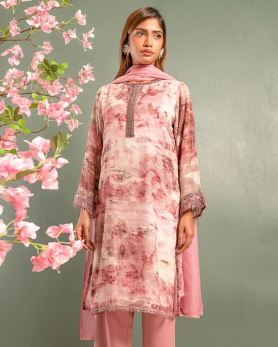 Embroidered Chiffon Fine Georgette  Short Kameez | Crepe Pink