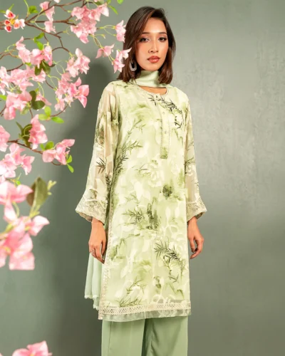 Embroidered Organza Fine Georgette Short Kameez | Pale Olive Green