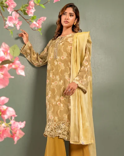 Embroidered Organza Fine Georgette Long Kameez | Martini Olive