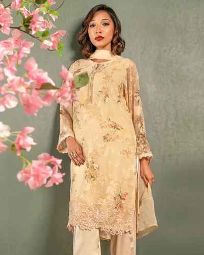 Embroidered Organza Fine Georgette Long Kameez | Hazelnut Beige
