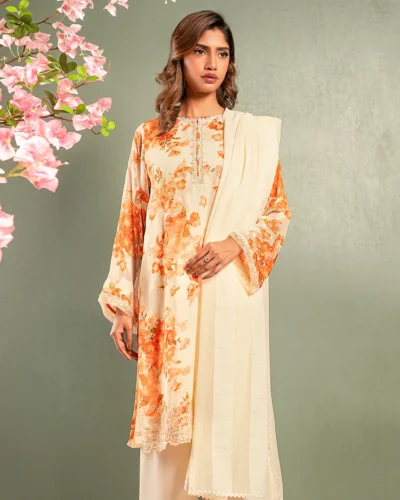 Embroidered Premium Printed Georgette Short Kameez | Antique White