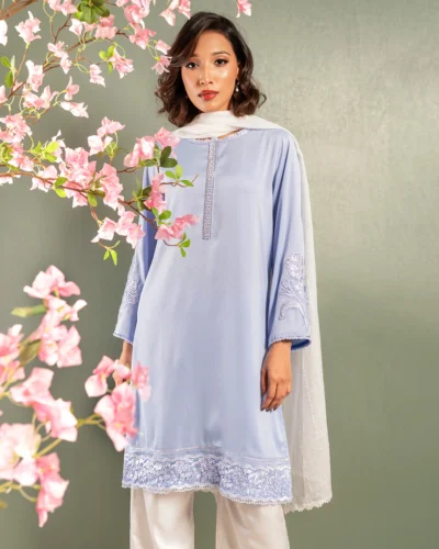 Embroidered Luxury Double Silk Short Kameez | Blue Bell