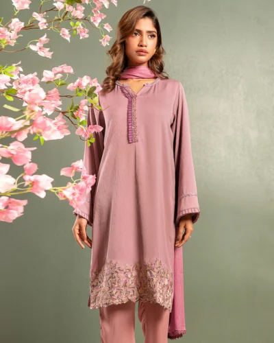 Embroidered  Luxury Double Silk Short Kameez | Lavender Frost