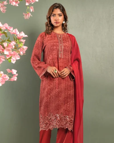 Embroidered Fine Georgette Long Kameez | Rio red
