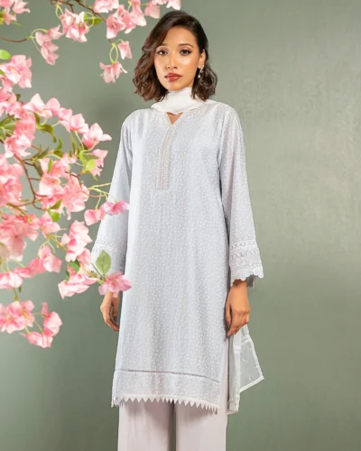 Embroidered Luxury Cotton Kameez | Blue Glass