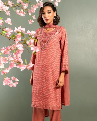 Embroidered Zari Crepe Georgette Long Kameez | Watermelon Pink