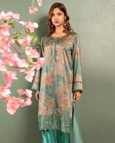 Embroidered Crepe Georgette Long Kameez | Bean Blue