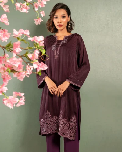 Embroidered Crinkle Georgette Long Kameez | Black Brown