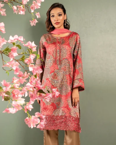 Embroidered Crepe Georgette Long Kameez | Blush Red