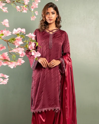 Embroidered Luxury Double Silk Short Kameez | Red Pear