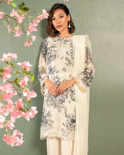 Embroidered Premium Printed Georgette Short Kameez | Cream White