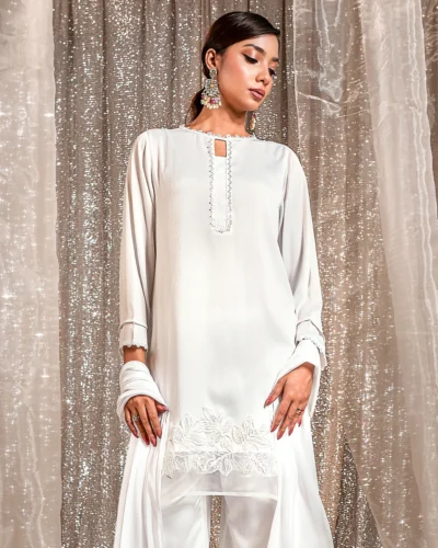Embroidered Luxury Double Silk Short Kameez | Bright White