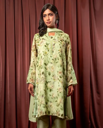 Embroidered Luxury Crepe Silk Short Kameez | Lime Cream Green