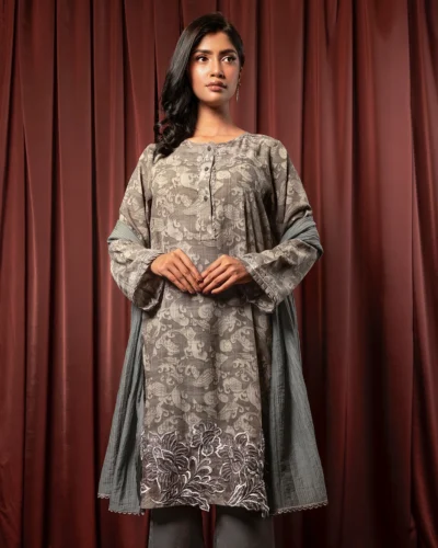 Embroidered Fine Georgette Long Kameez | Steel Gray