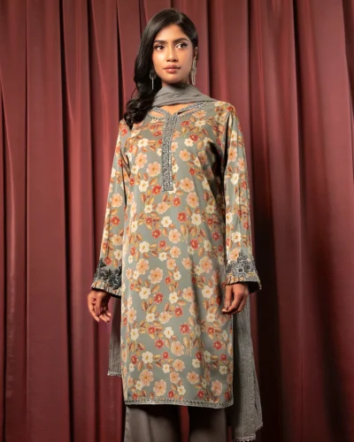 Embroidered Printed Double Silk Short Kameez | Aegean Blue