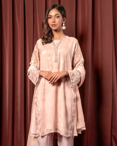 Embroidered Luxury Crepe Silk Short Kameez | Pale Pink