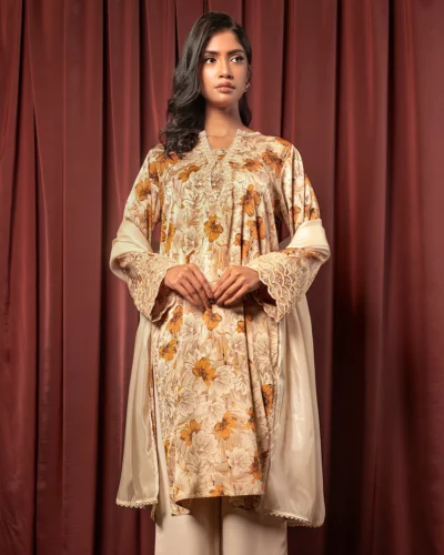 Embroidered Printed Luxury Double Silk Long Kameez | Burly Wood
