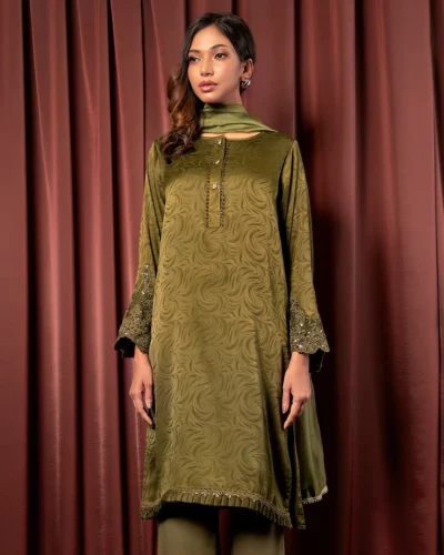 Embroidered Luxury Double Silk long Kameez | Burnt Olive