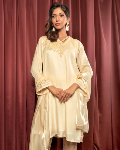 Embroidered Luxury Crepe Silk Short Kameez | Golden Fleece