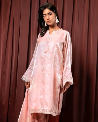 Embroidered Luxury Double Silk Organza Short Kameez | Crepe Pink