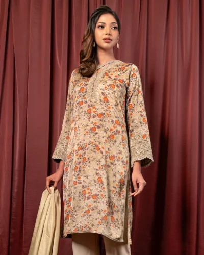 Embroidered Printed Luxury Double Silk Long Kameez | Alabaster
