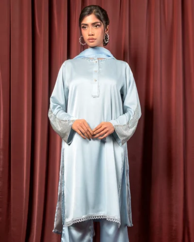 Embroidered Luxury Double Silk Short Kameez | Sky Blue
