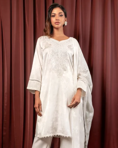 Embroidered Luxury Double Silk Long Kameez | White