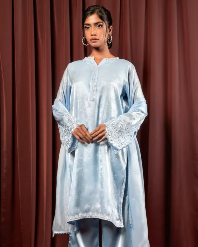 Embroidered Double Silk Organza Short Kameez | Sky Blue