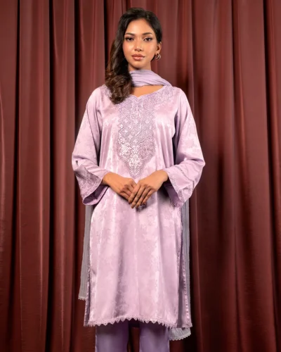 Embroidered Luxury Double Silk Long Kameez | Pale Lavender