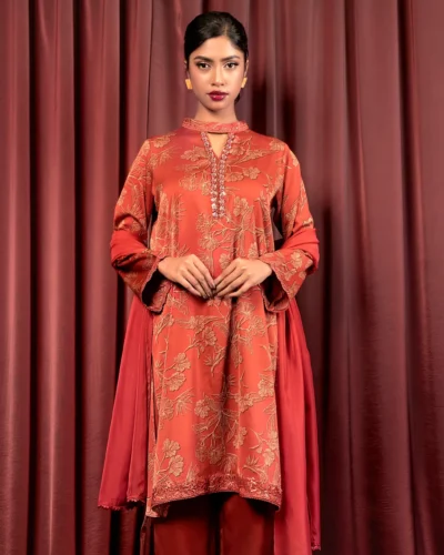 Embroidered Premium Printed Georgette Short Kameez | Brick Red